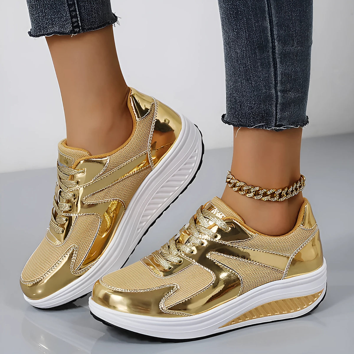 Women's gold mesh platform shoes with cross-strap design and English muffin heel