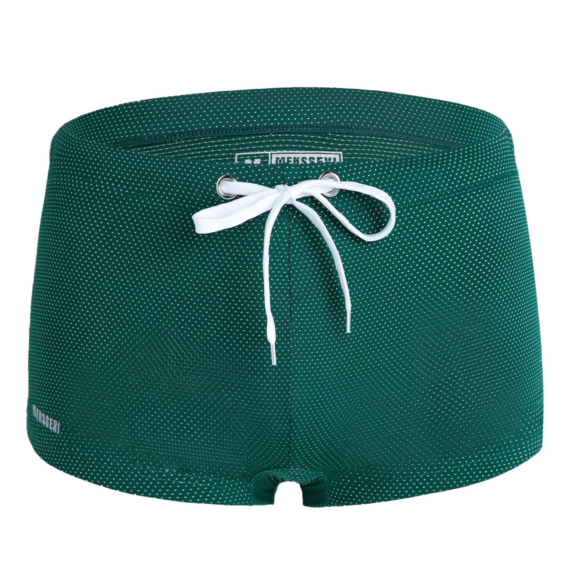 Men's low waist nylon lace swimming trunks in solid colour on white background