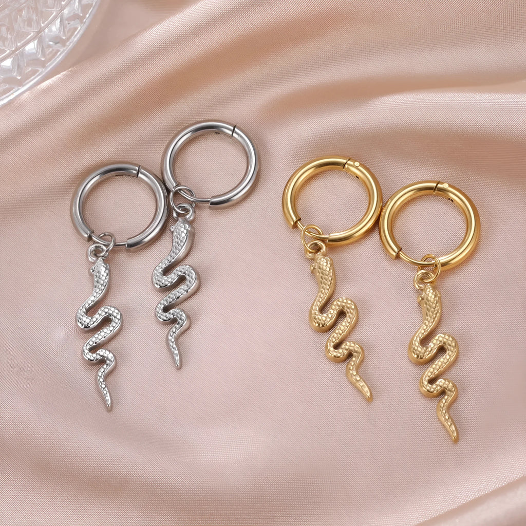 Vintage snake-shaped gold-plated stainless steel clip earrings with animal modelling