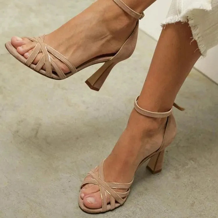 Apricot suede women's peep toe sandals with fish mouth toe holder and rubber sole