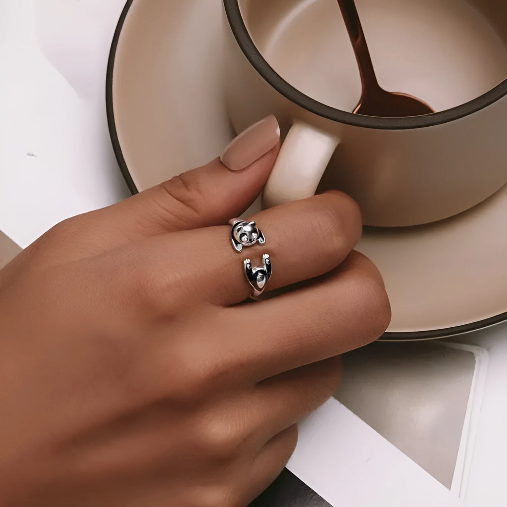 Panda open ring bracelet in sterling silver with white gold plating and adjustable opening