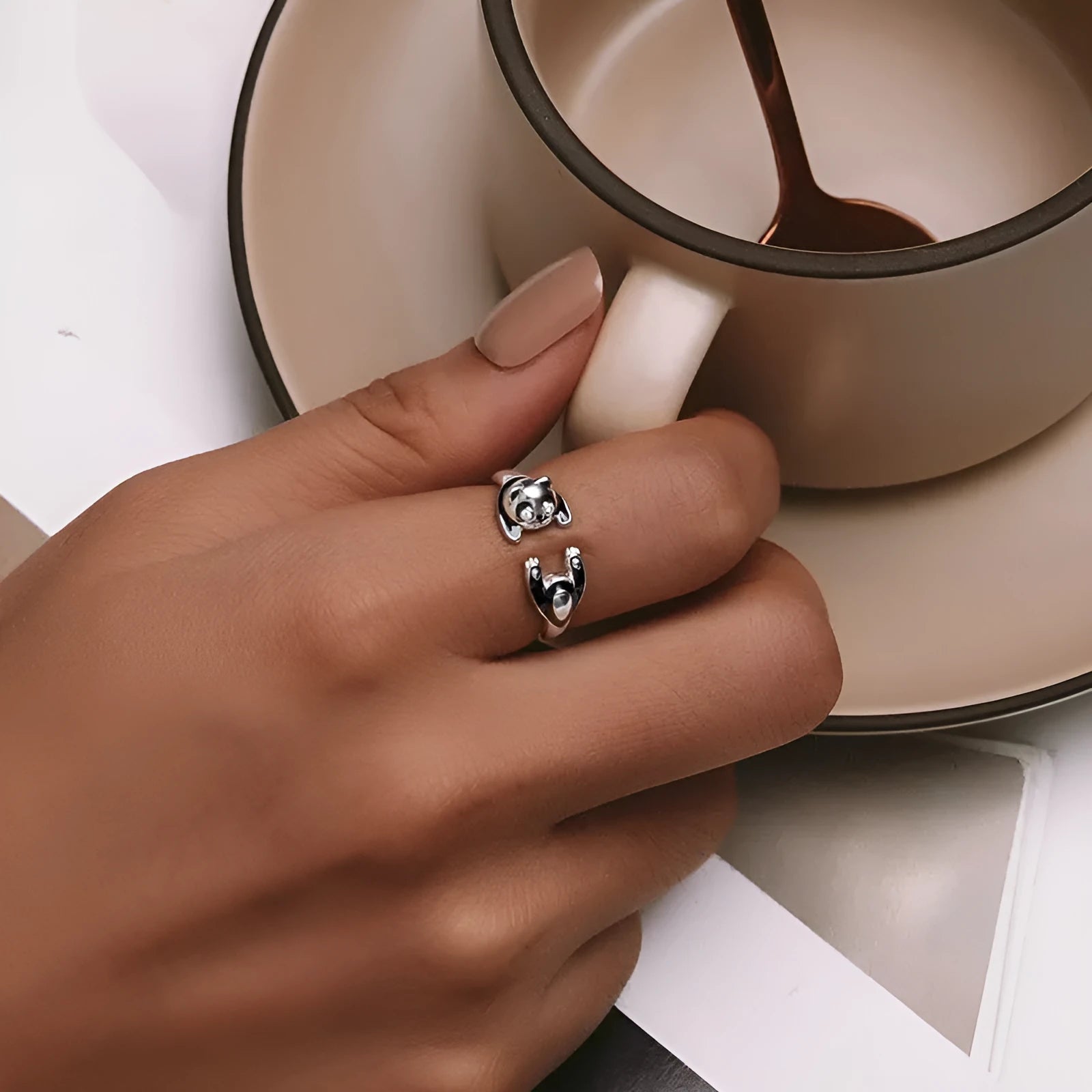 Panda open ring bracelet in sterling silver with white gold plating and adjustable opening