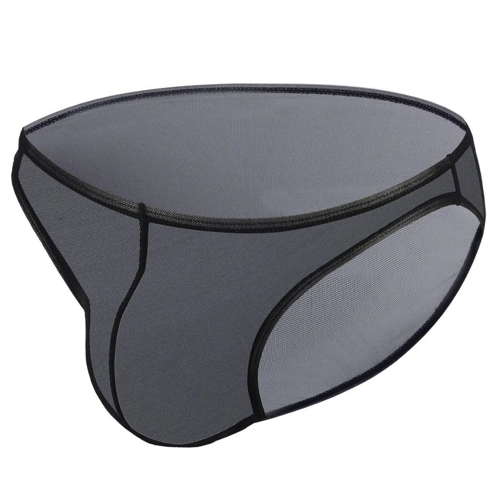 Man wearing black ice silk triangle mid waist shorts with quick-dry nylon fabric.