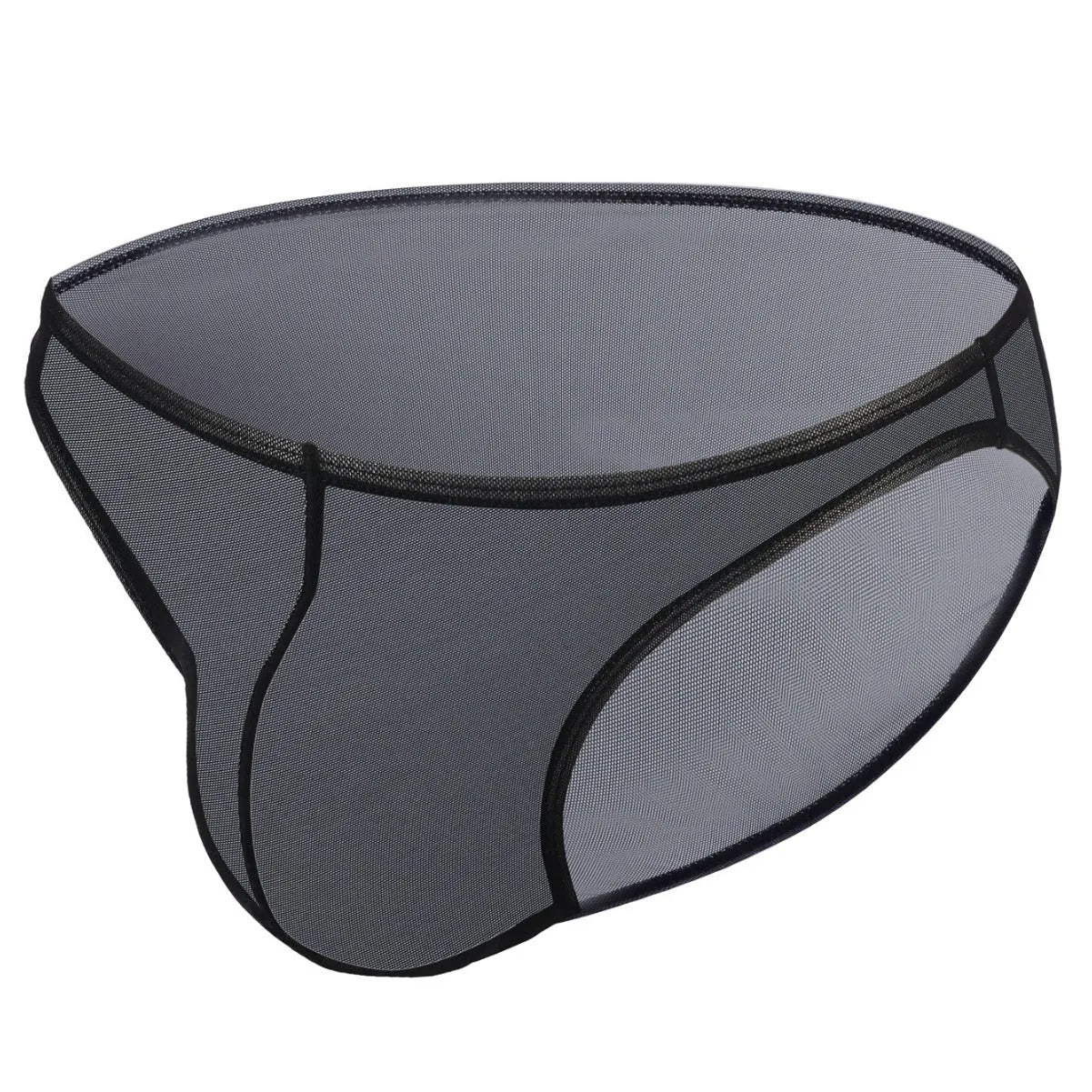 Man wearing black ice silk triangle mid waist shorts with quick-dry nylon fabric.