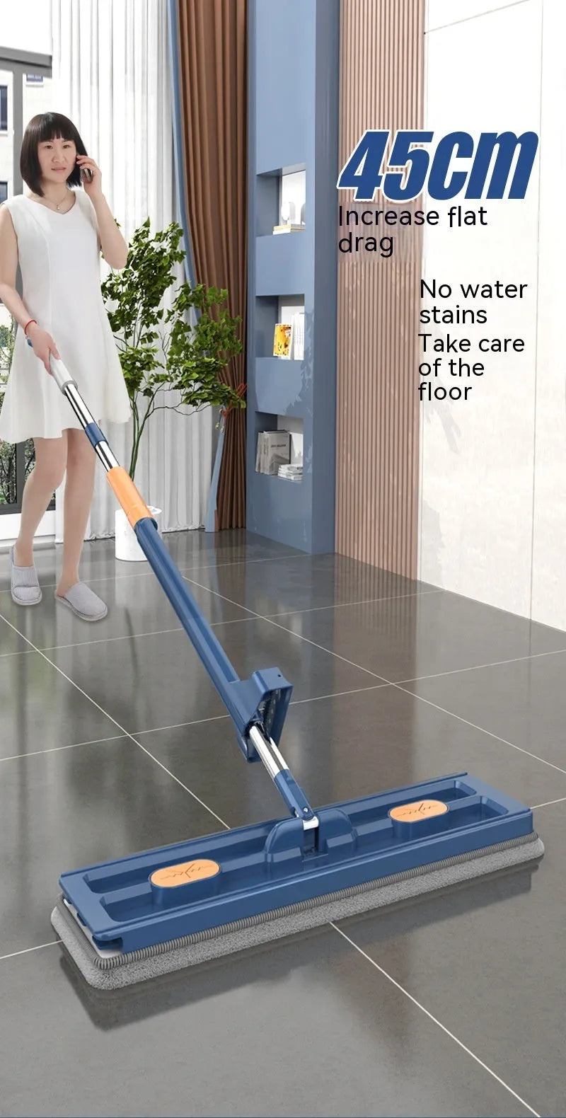 Large flat mop with stainless steel handle and blue cleaning cloths showing 360° rotating head mechanism