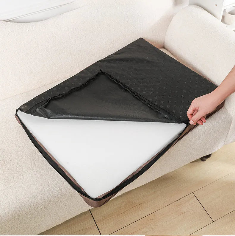 Pet memory foam mat with removable cover in Coffee, GRAY, Green, or Khaki, available in S, M, L, and XL sizes