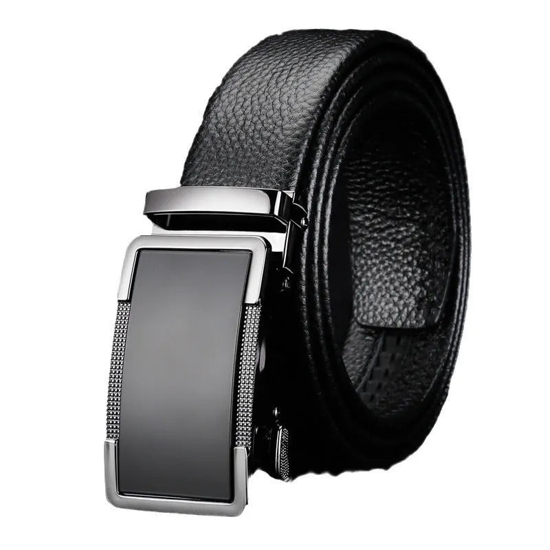 Men's gun black leather belt with an automatic alloy buckle, shown laid flat.