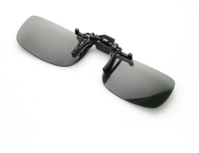 A polycarbonate sunglasses clip for prescription glasses, shown in large and small frame sizes with grey, dark green, and night vision lens options.