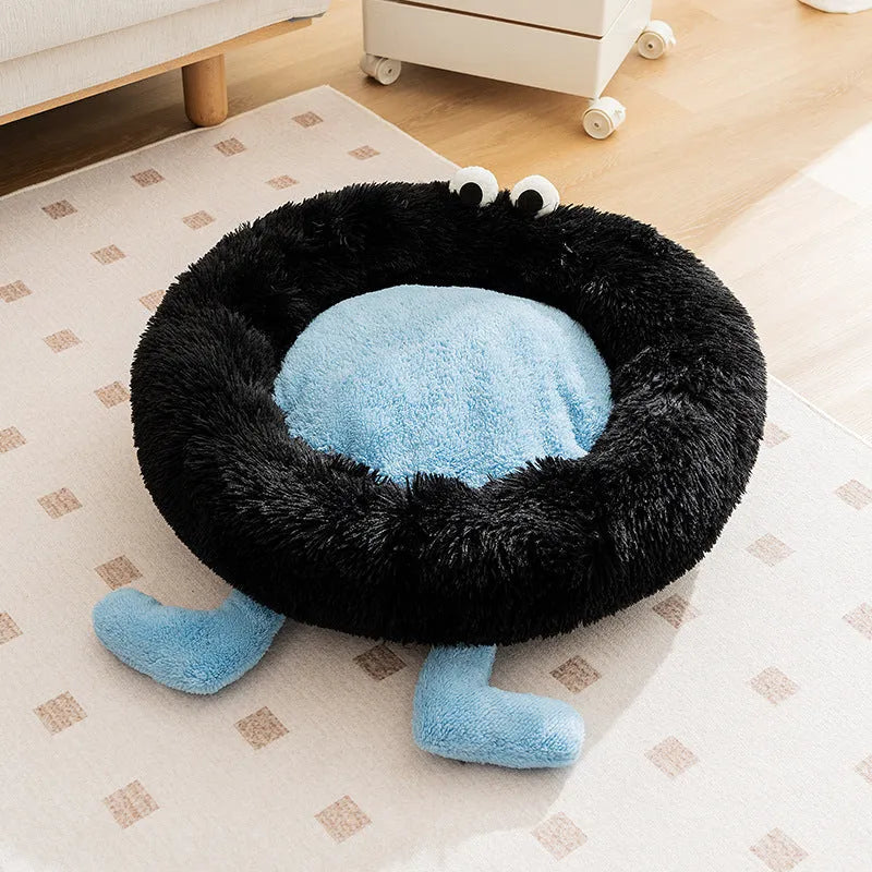 Elf Briquettes plush pet bed with raised sides in blue colour, suitable for small to medium dogs or cats