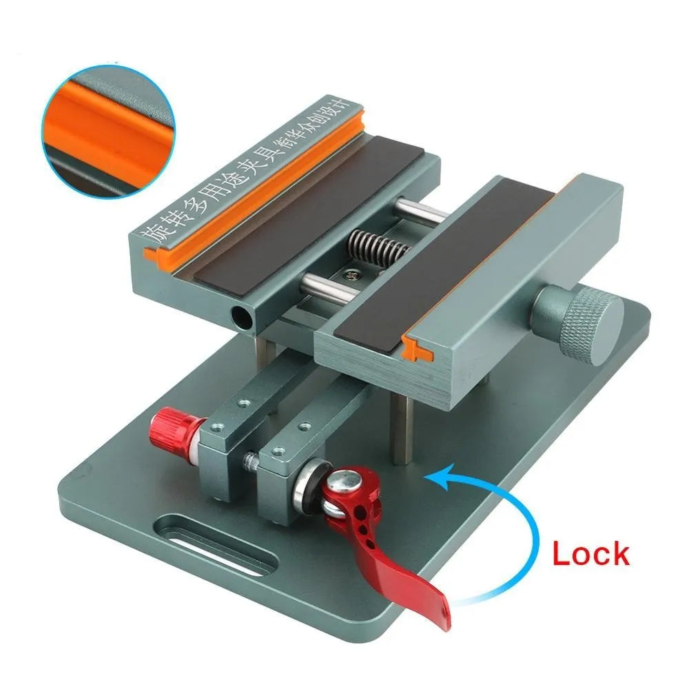 Adjustable mobile phone disassembly fixture with silicone protective grips and a prying crowbar tool