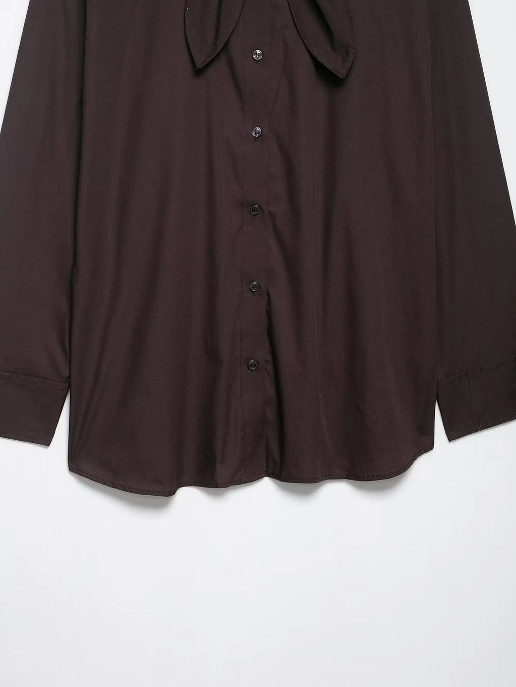 Brown women's poplin shirt with bow tie detail and long sleeves in loose fit