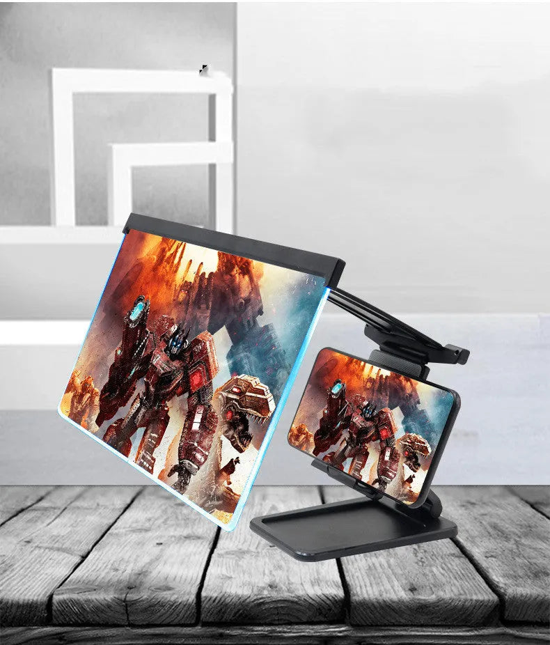 Black 12-inch curved mobile phone screen amplifier with separate folding phone holder on desktop