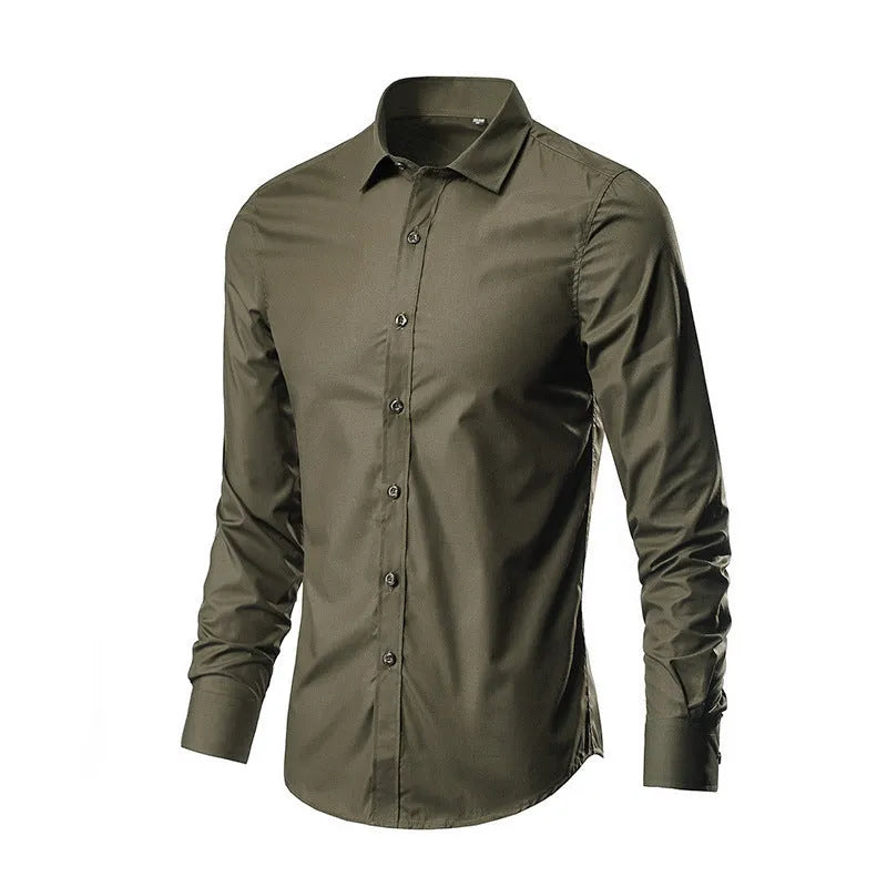Men's slim-fit long-sleeve linen shirt on a hanger, shown in a light grey colour.