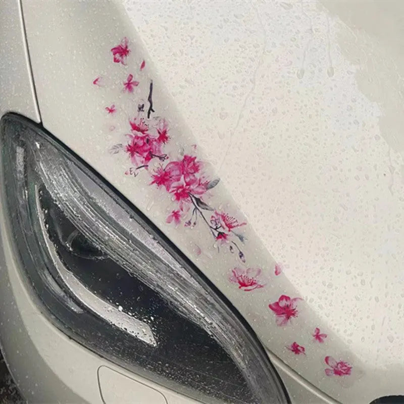 Pink cherry blossom car sticker on vehicle surface showing two size options for customisation