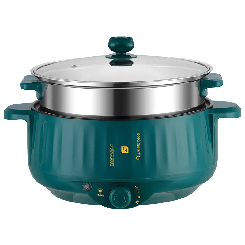 White electric hot pot with non-stick interior and UK plug on kitchen counter