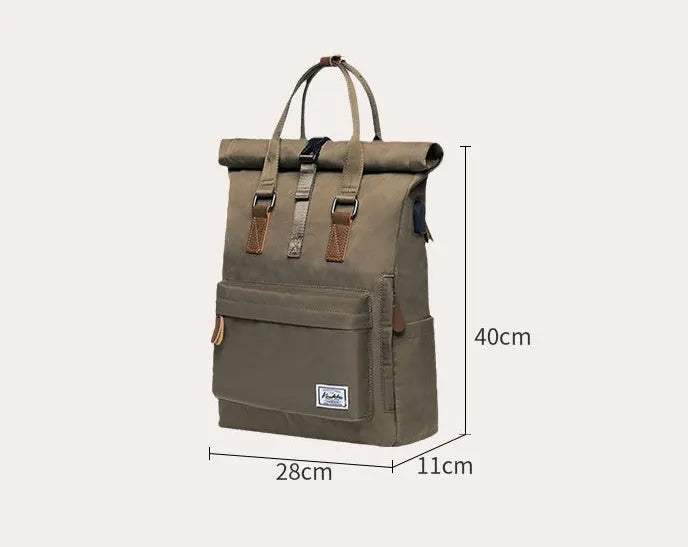 Men's casual polyester backpack in black, showing front view and open compartment with laptop pocket.