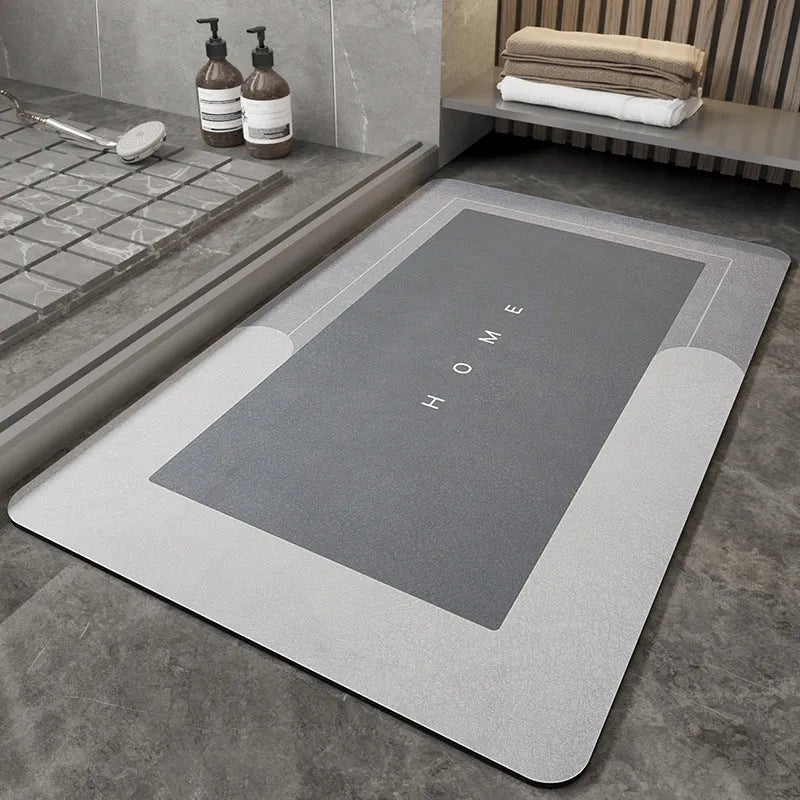 Blended fabric bathroom floor mat in blue colour, rectangular shape, on a tiled floor.
