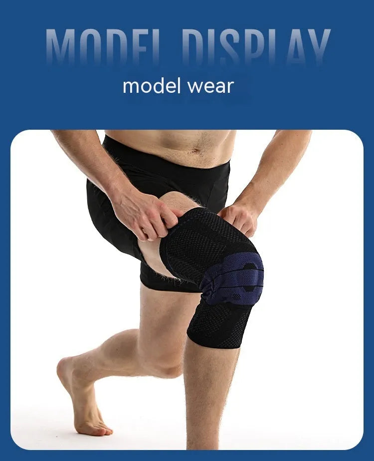 Black and blue adult sports knee pad made from nylon and spandex, shown on a knee.