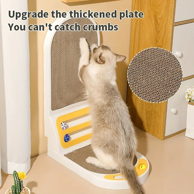 Grey L-shape vertical cat scratching board mounted on a wall for furniture protection.
