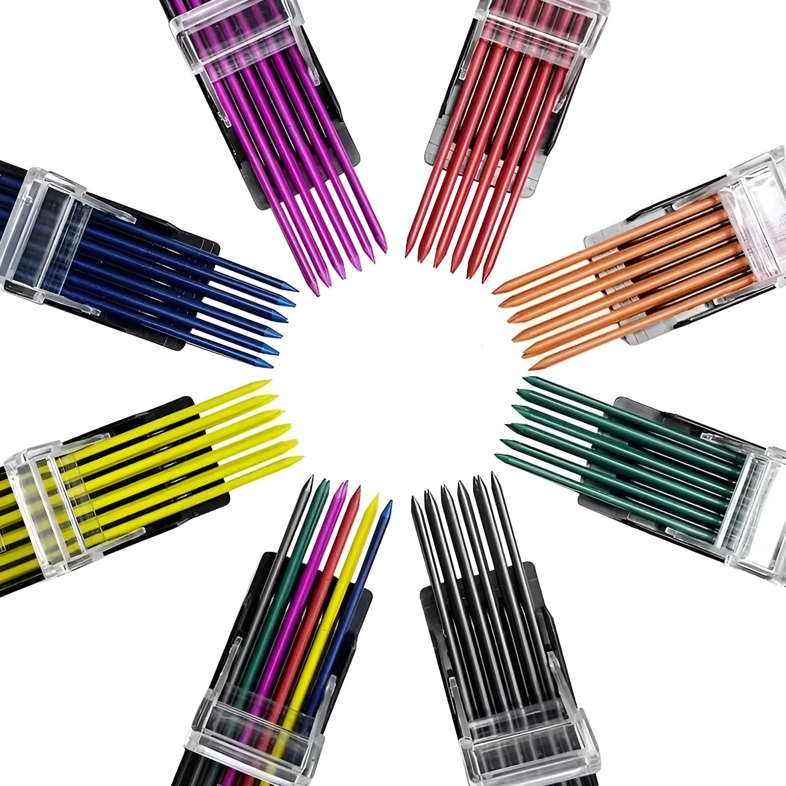 Boxed 0.7mm HB mechanical pencil refill leads in rainbow colours with plastic barrel tubes