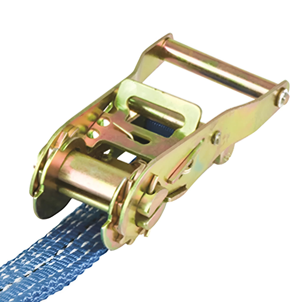 Steel ratchet tensioner with double hooks on a grey polyester strap for securing cargo.