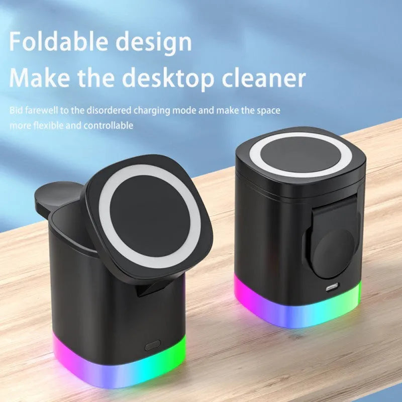3 in 1 magnetic wireless fast charger cube with RGB ambient light, foldable design, black or white, USB outlet.