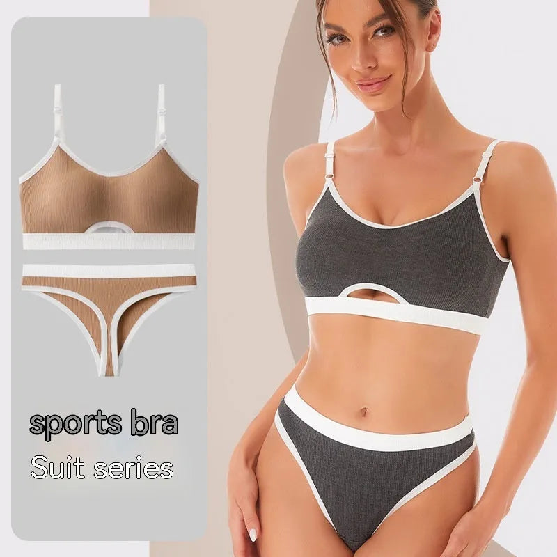 Beauty back contrast colour sports underwear vest set with underwired tube top and chest pads