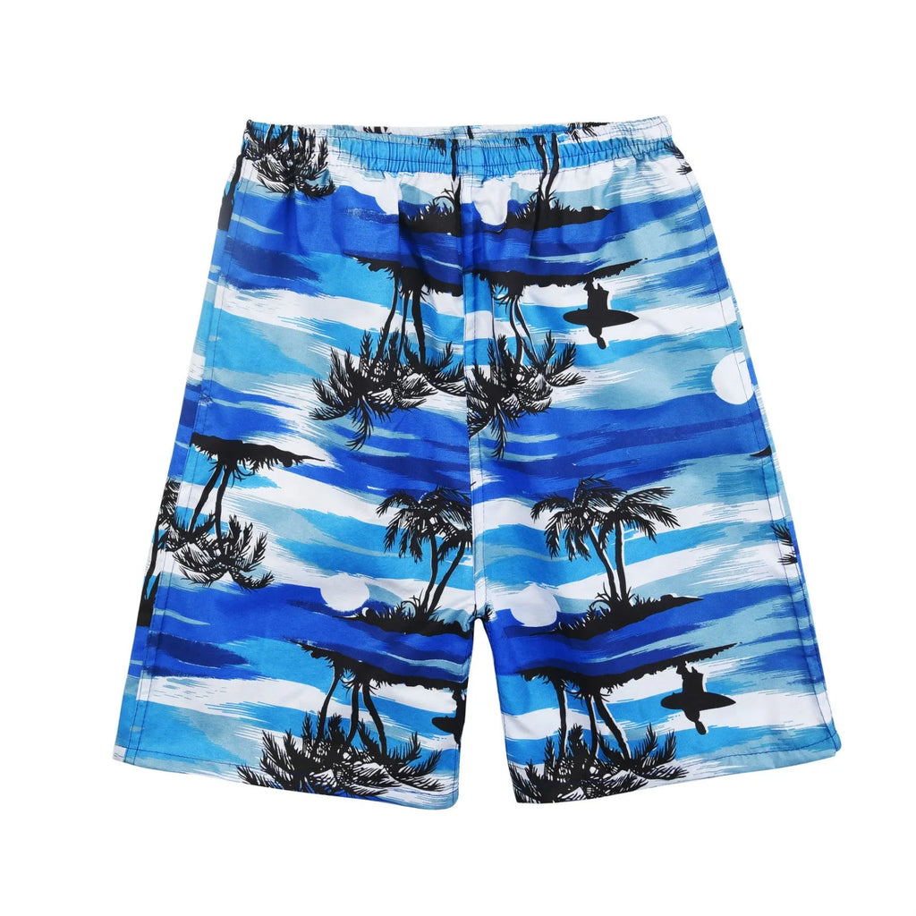Men's floral printed five-point swimming trunks in polyester fabric, free size fit for pool and beach wear