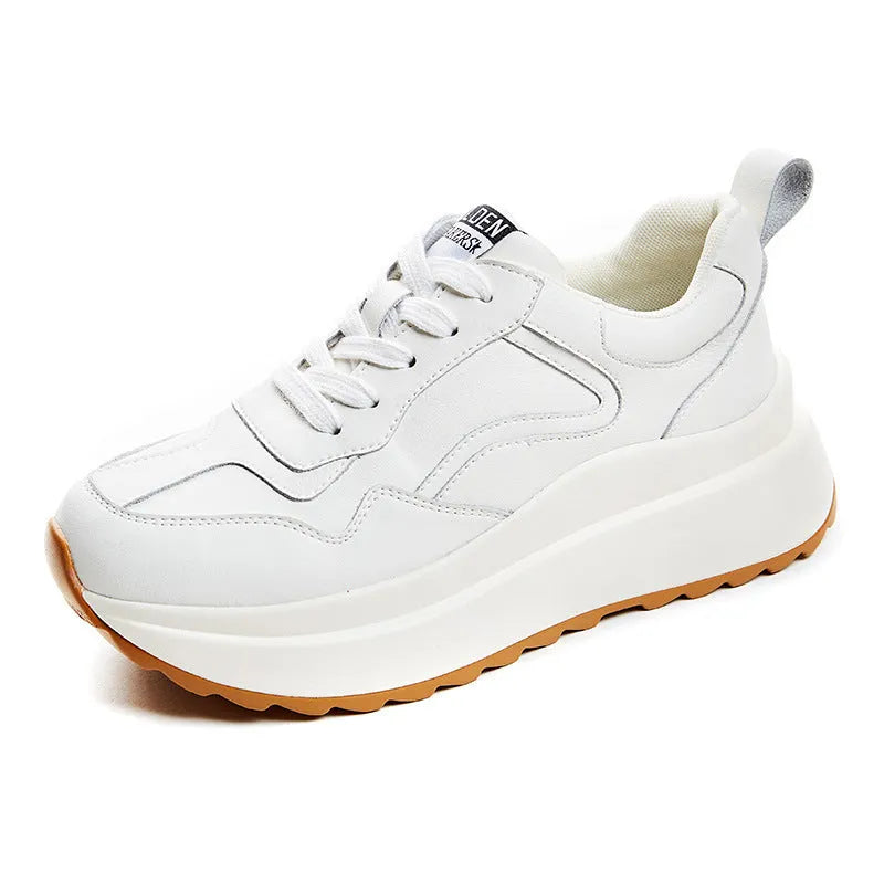 Beige women's cattlehide leather low-top sports shoes with an English muffin heel and cross strap detail