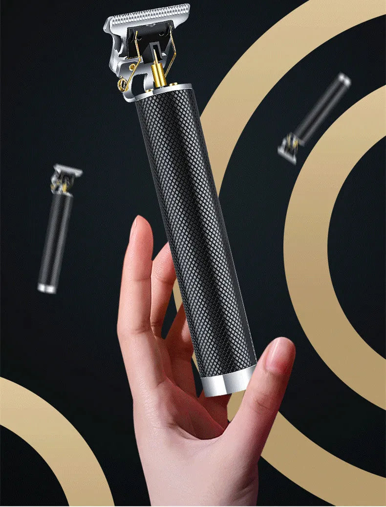 Black rechargeable electric hair clipper with gold steel blades, four combs, and USB charger