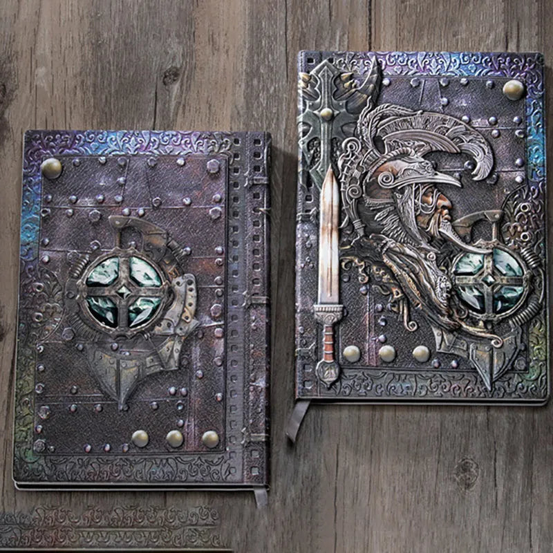 A5 leather notebook with 3D embossed warriors relief on the cover, shown in bronze colour.