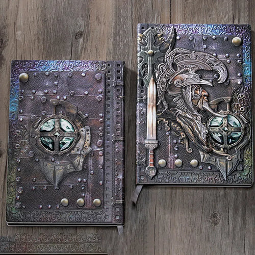 A5 leather notebook with 3D embossed warriors relief on the cover, shown in bronze colour.