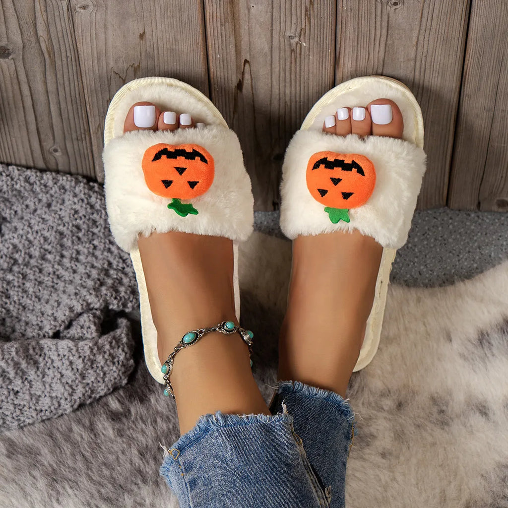 Pumpkin design plush slippers with synthetic fur upper and anti-slip soles in white or yellow