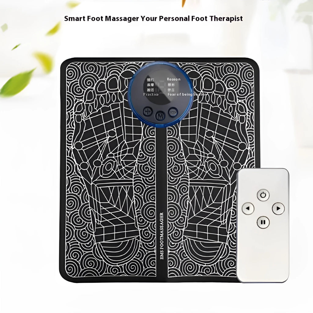 Pulse Micro-current foot massage cushion with wireless remote control on leather surface