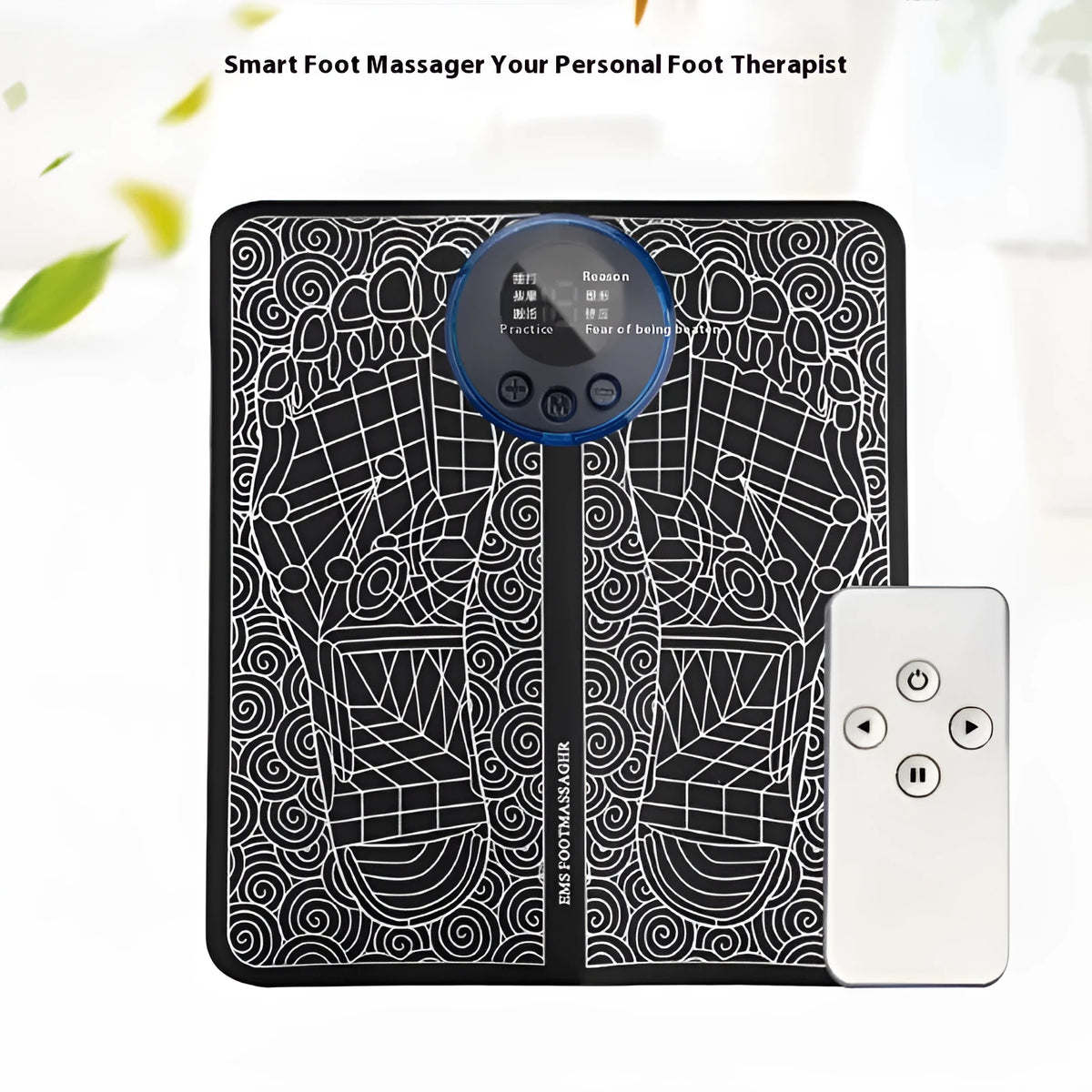 Pulse Micro-current foot massage cushion with wireless remote control on leather surface