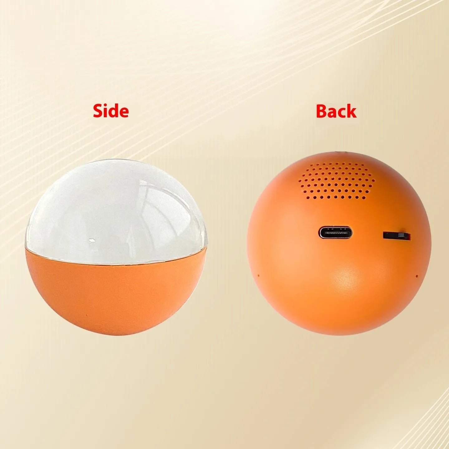 Small round electronic ball video player with dial control on a coloured plastic shell.