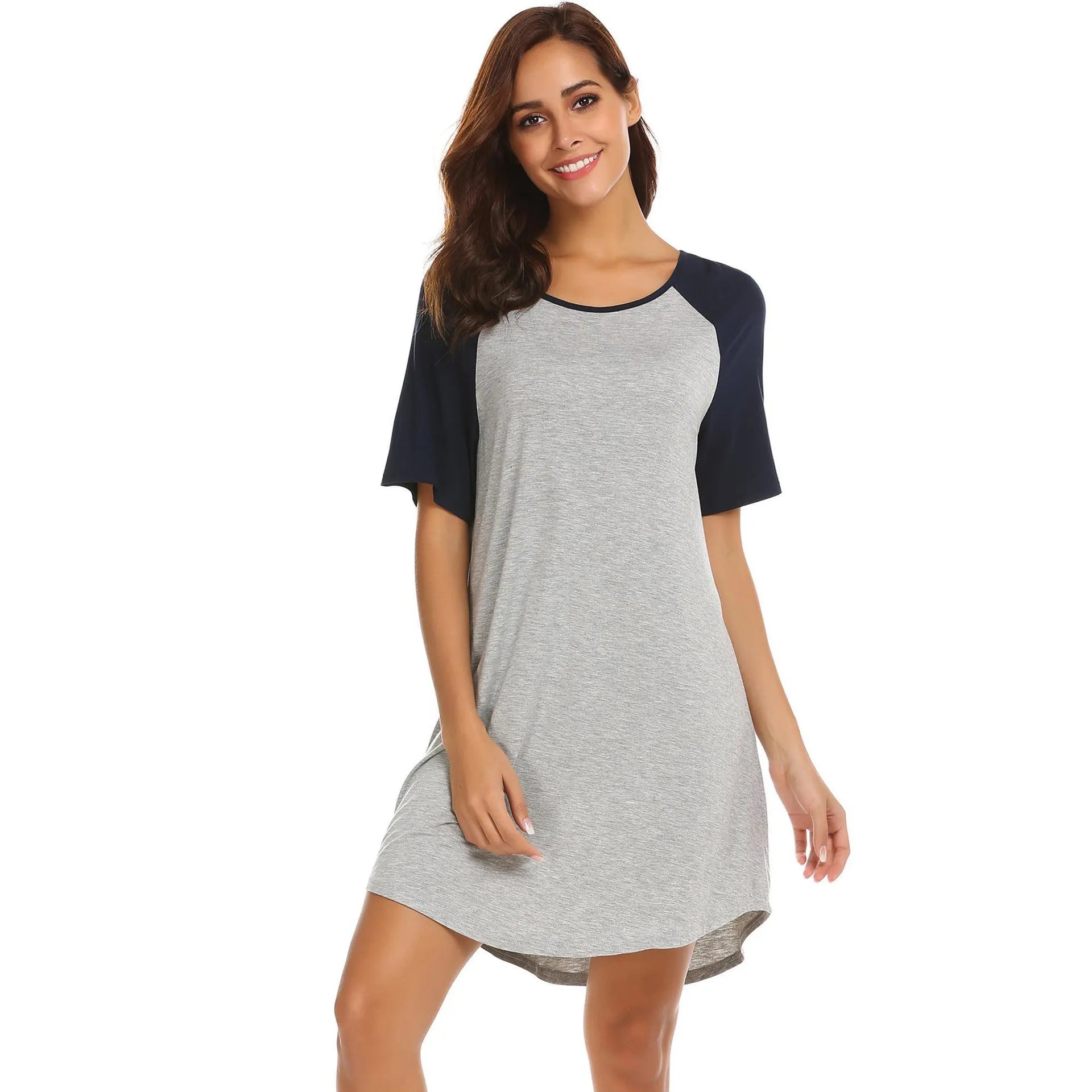 Women's short sleeve nightdress with patchwork contrasting colour sleeves on a hanger.