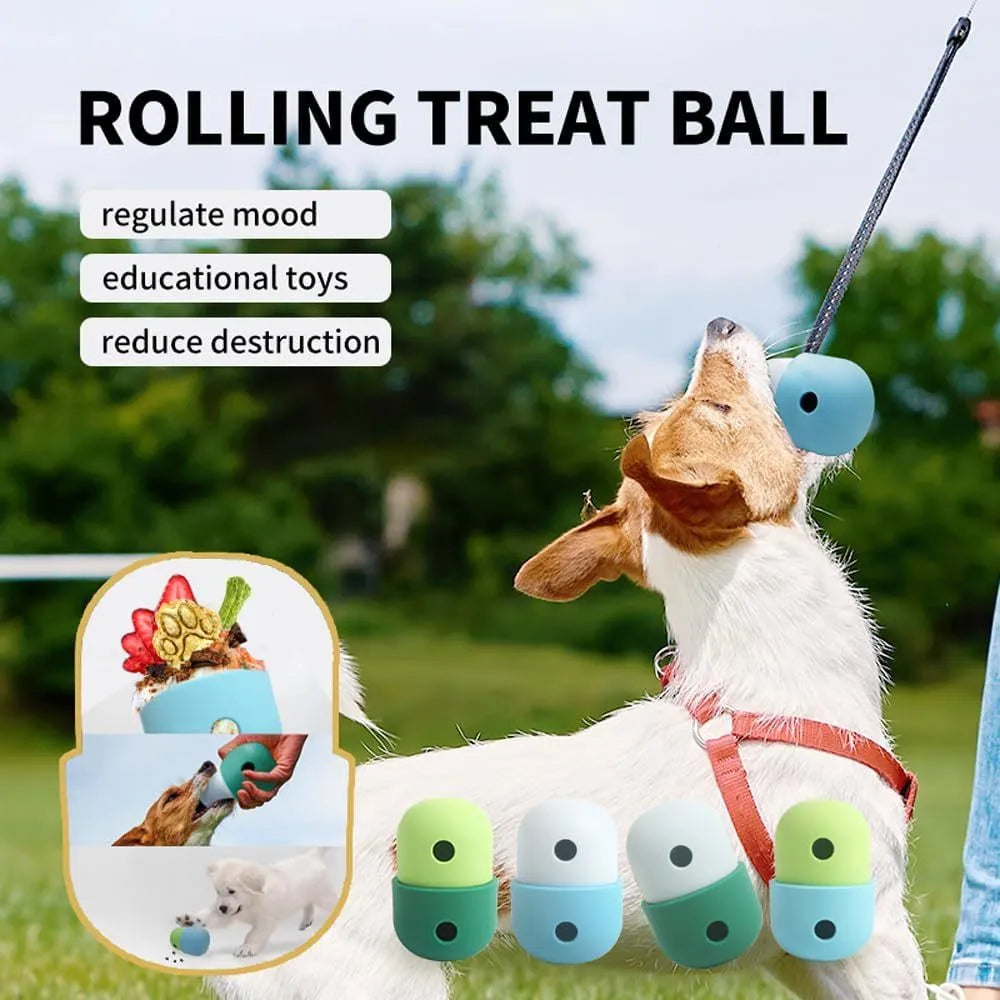White and blue food grade silicone dog treat puzzle ball measuring 8x11cm
