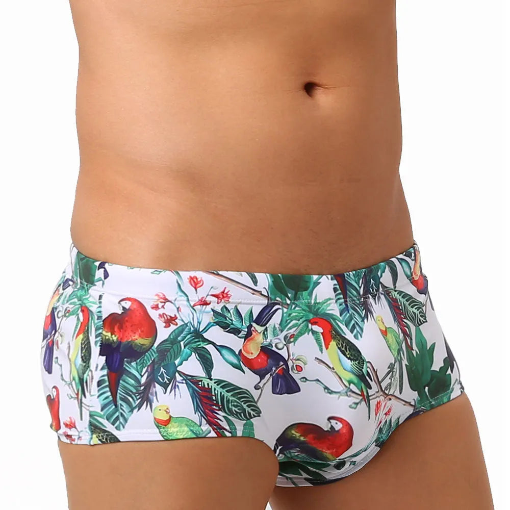 Men's flower and bird print swimming trunks in small boxer brief style with nylon fabric