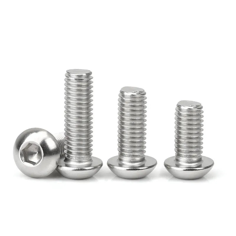 Stainless steel half round head hexagon screw with whitewashed finish showing semicircular head design