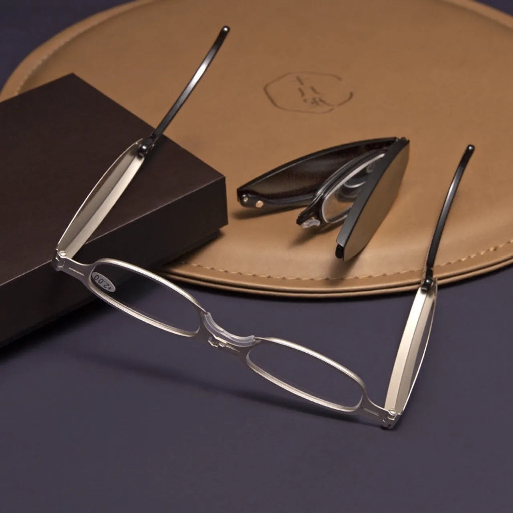 Black and Silver folding presbyopic glasses for men showing retro ring style and compact folded size.