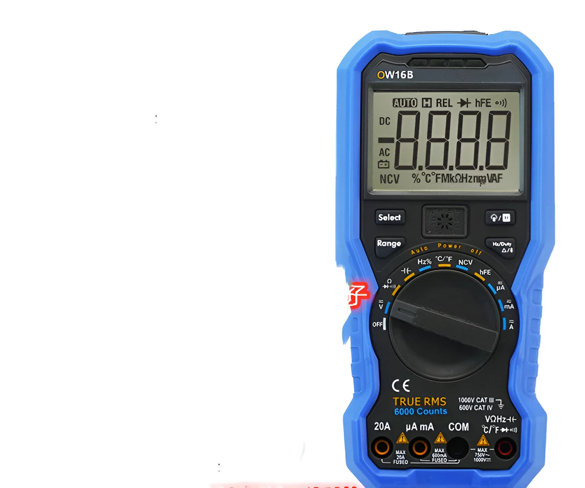 Handheld digital multimeter with display showing NCV and temperature functions