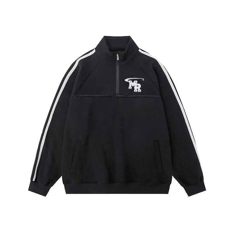 Black Hong Kong style retro sports hoodie with stand collar, shown on a model.