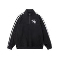 Black Hong Kong style retro sports hoodie with stand collar, shown on a model.