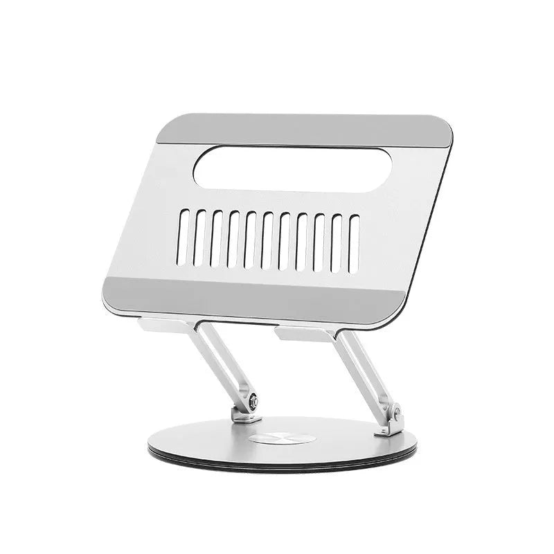 Silver aluminium laptop stand with height adjustment and rotatable foldable design