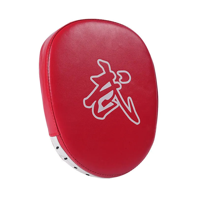 Boxing punch mitts set showing curved and flat hand target styles in red, black, blue, and yellow colour combinations.