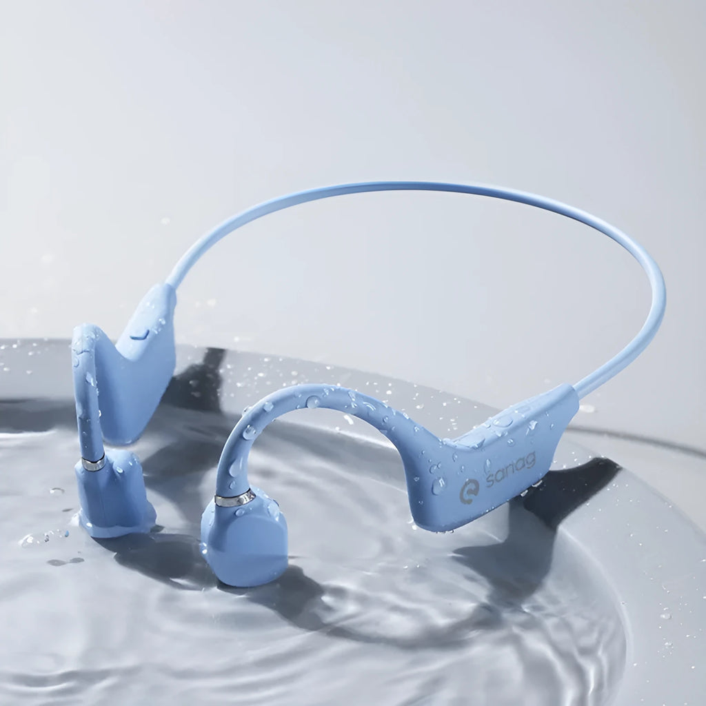Wireless bone conduction Bluetooth headset in neckband style, shown in various colours including China Red and Mint Green.