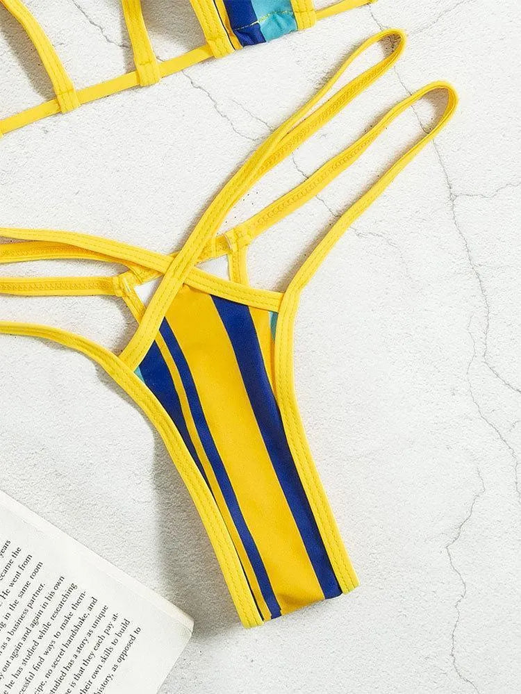 Women's yellow hollow neck-hanging swimsuit with high waist and backless design