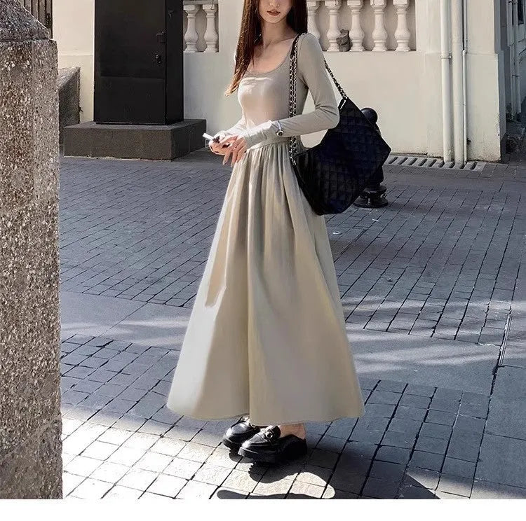 Women's black square collar knitted dress with elastic waist and A-line long skirt
