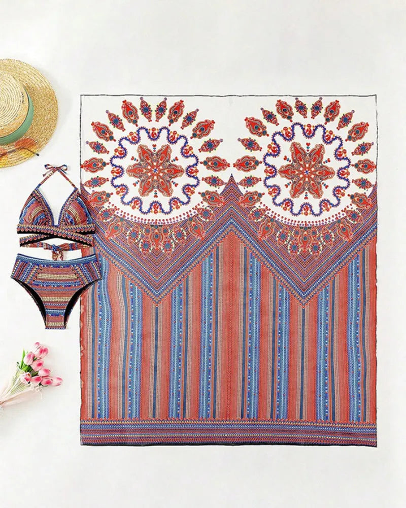 Three-piece split swimsuit set with high waist cutout blouse body and coat in picture color
